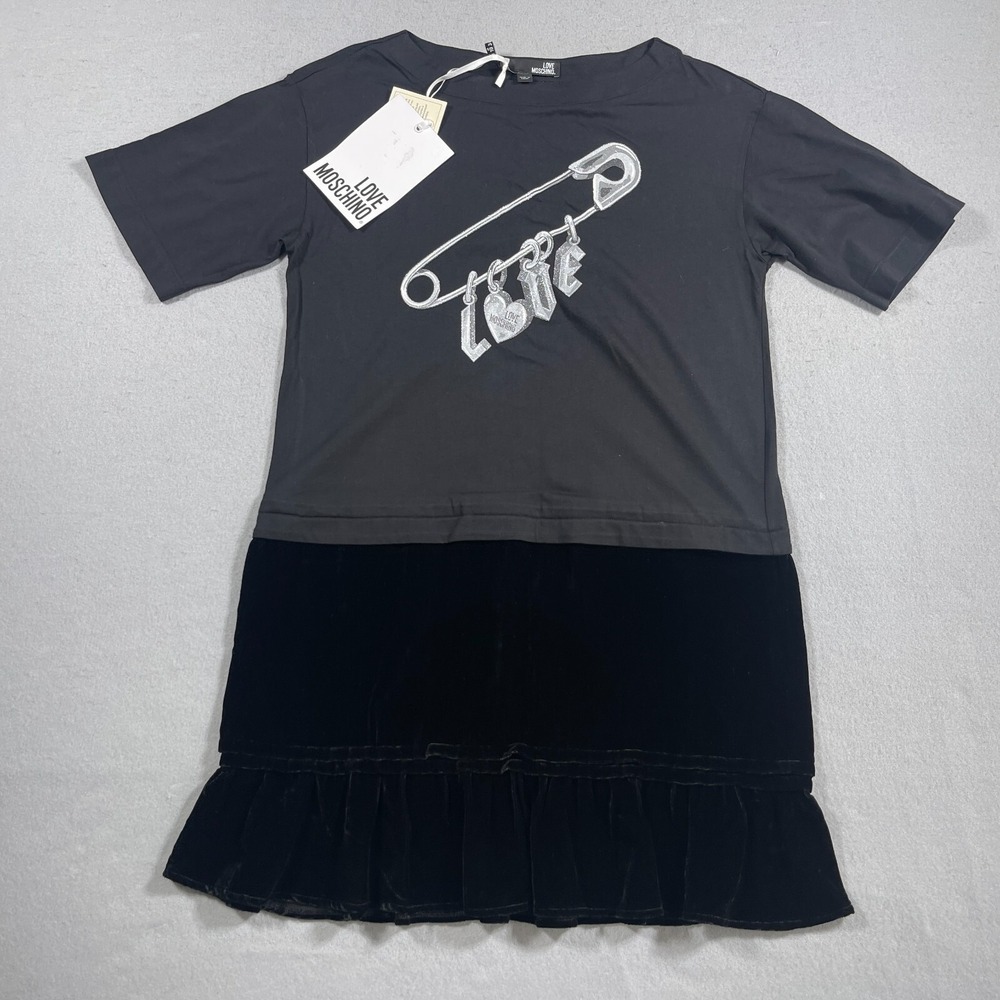 Love Moschino Safety Pin Graphic Dress Women Size 6 Black Velvet Ruffle NWT